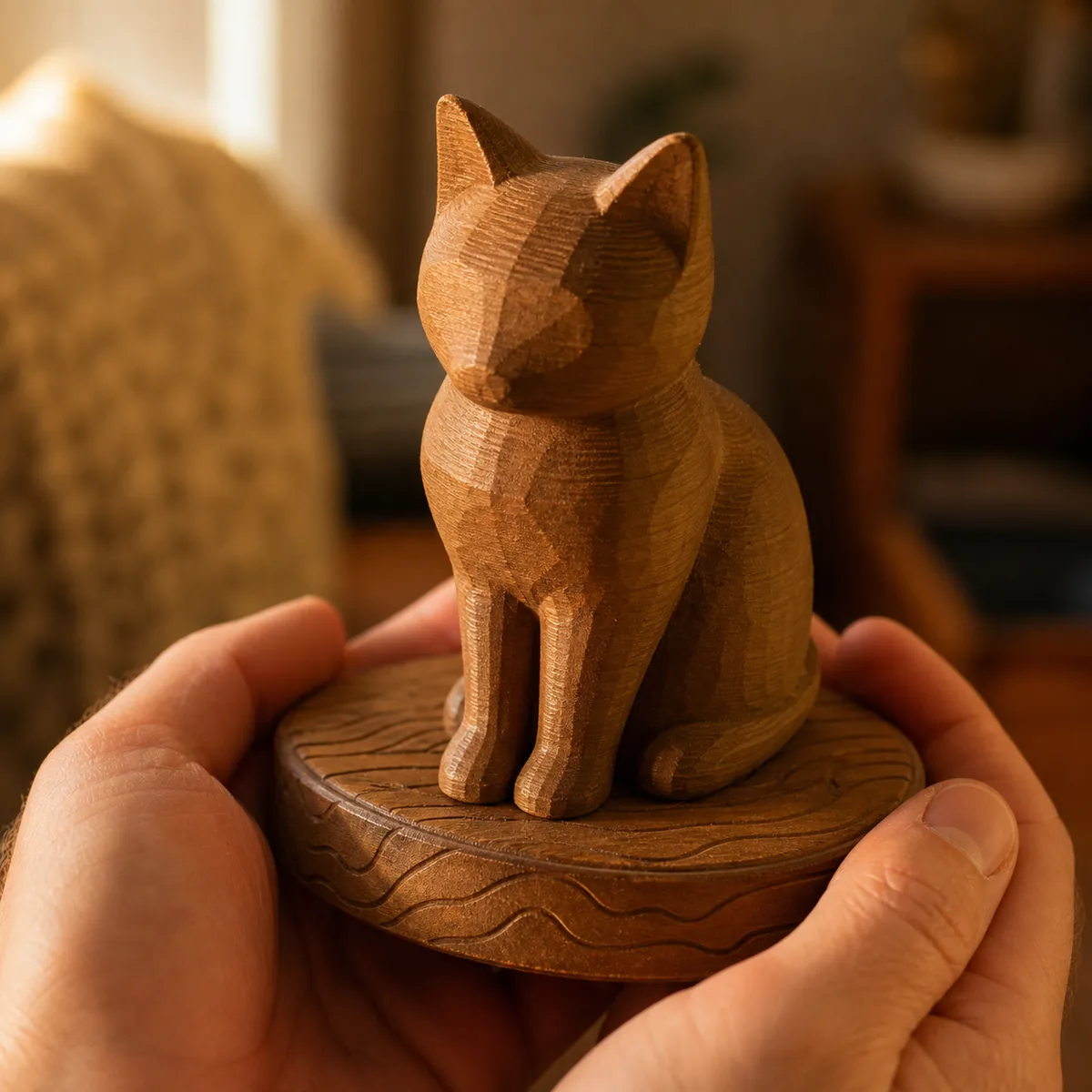 Figur kayu kucing dalam genggaman tangan